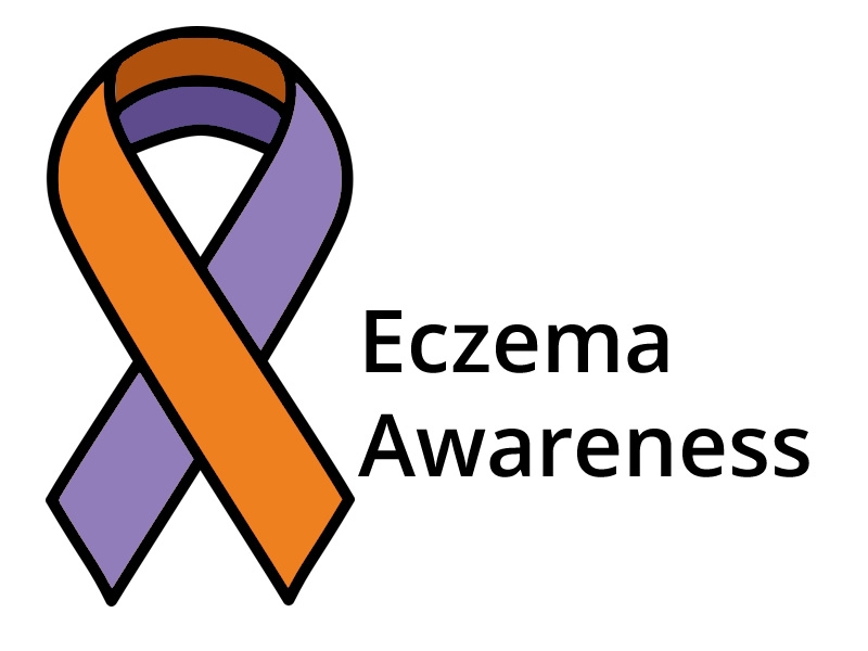 orange and purple ribbon with text: Eczema Awareness