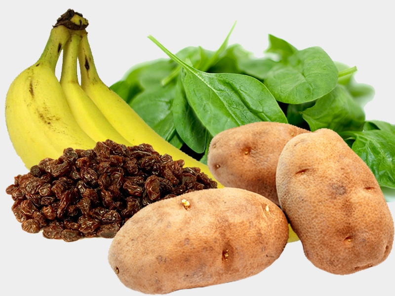 spinach, bananas, raisins, potatoes