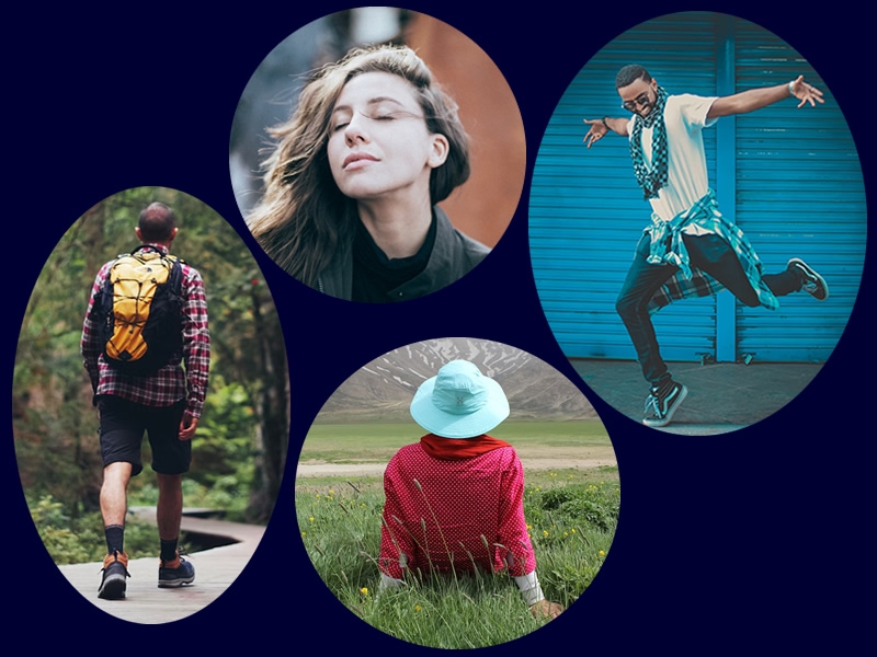 Four images in circles or ovals: man walking on boardwalk in woods, woman looking up and breathing deeply, man street dancing, woman sitting in grass field looking at mountains