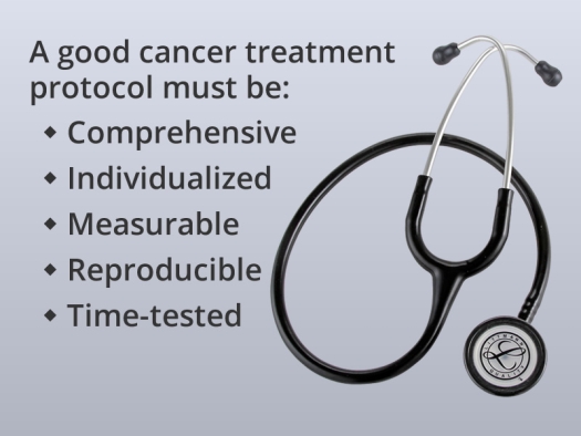 Stethoscope with list of five criteria for a good cancer protocol from the article.