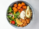 Bowl of veggies: Spinach, sweet potatoes, tomato, avocado, garbanzo beans